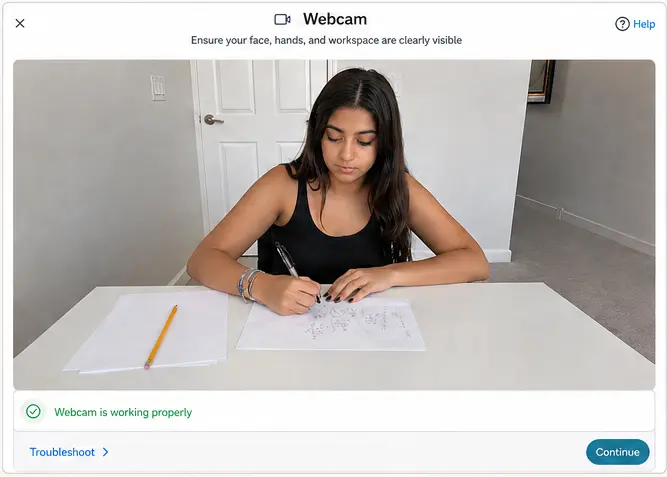 Female student visible on screen with her full arms taking a test on a table